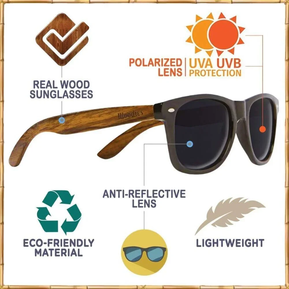 Walnut Wood Sunglasses with Black Polarized Lenses for Men and Women | 100% UVA/ - Picture 3 of 9